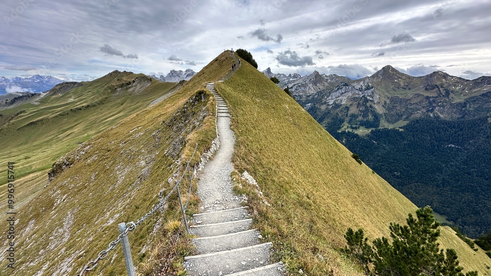 breathtaking ridge hiking trail Stoos, from Fronalpstock to Klingenstock, high above lake lucerne, Switzerland. breathtaking ridge hiking trail Stoos, from Fronalpstock to Klingenstock, high above lake lucerne, Switzerland.