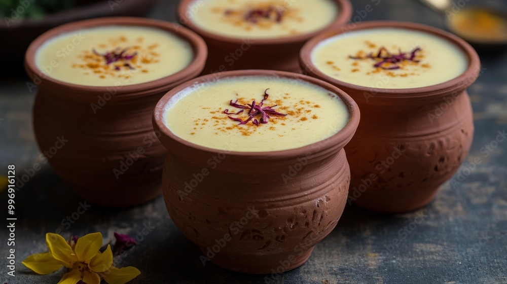 Authentic Indian cold drink made up of curd, milk & malai called Lassi in saffron / kesar flavour, also called kesariya or keshariya or kesar lassi, served in traditional indian terracotta glasses Authentic Indian cold drink made up of curd, milk & malai called Lassi in saffron / kesar flavour, also called kesariya or keshariya or kesar lassi, served in traditional indian terracotta glasses