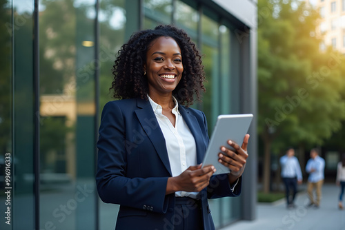 Confident African American business woman stands in front of startup office