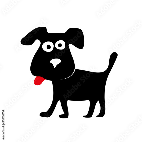 Funny black cartoon crazy dog ​​with red tongue. Quirky hand drawn dog silhouette for symbol, logo, web icon, mascot, sign, sticker, design