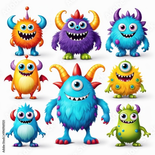 A colorful collection of cartoon monsters with various features and expressions.