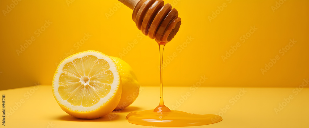Honey drizzling onto lemon slice on vibrant yellow background with copy space Honey drizzling onto lemon slice on vibrant yellow background with copy space