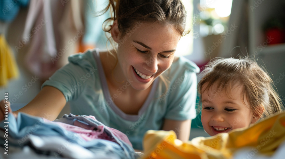 A medium close-up of a mother teaching her child how to fold laundry, both of them working together and laughing as they fold a shirt. A medium close-up of a mother teaching her child how to fold laundry, both of them working together and laughing as they fold a shirt.