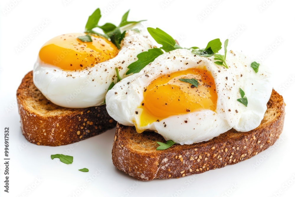 Fresh poached eggs on rye toast with a white background - generative ai Fresh poached eggs on rye toast with a white background - generative ai