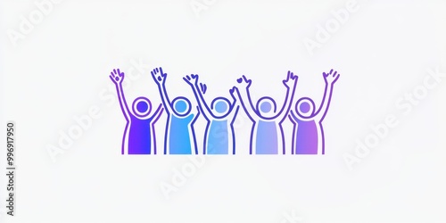 Logo design, line art of a group of people with arms raised up and smiling, minimalistic, with a purple-to-blue gradient color palette on a white background Generative AI