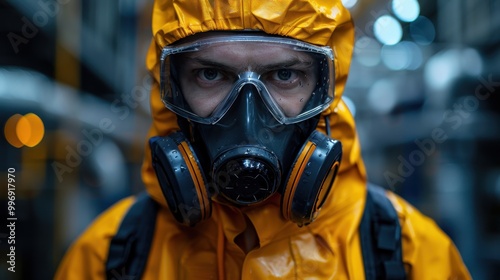 A chemical industry worker in a protective suit and mask