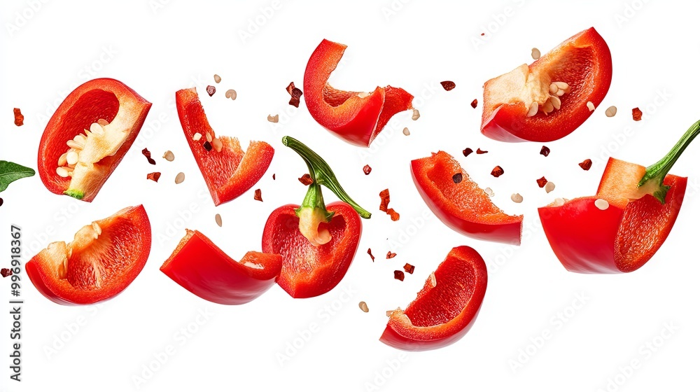 Sliced flying red bell peppers on isolated background Sliced flying red bell peppers on isolated background