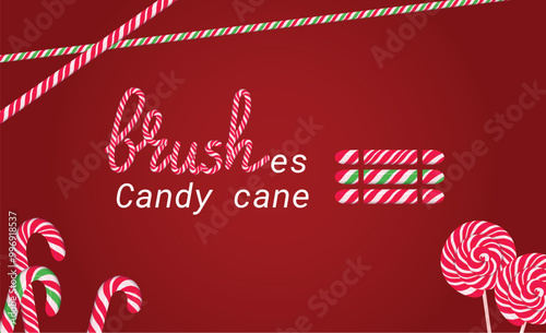 Candy cane brushes for Adobe Illustrator. Christmas decorations for design. Hard candy lettering and winter borders sample. 