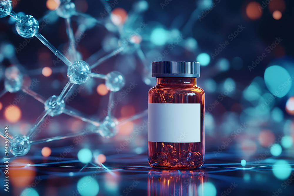 A medical bottle with a blank label, surrounded by molecular structures, symbolizes scientific research and pharmaceutical innovation. A medical bottle with a blank label, surrounded by molecular structures, symbolizes scientific research and pharmaceutical innovation.