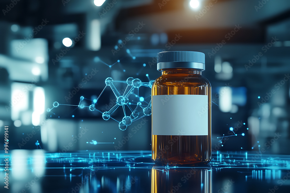 A medical bottle with a blank label, surrounded by molecular structures, symbolizes scientific research and pharmaceutical innovation. A medical bottle with a blank label, surrounded by molecular structures, symbolizes scientific research and pharmaceutical innovation.