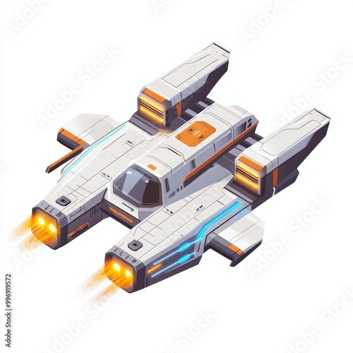 Stylish sci-fi spaceship with sleek design and powerful engines. Transparent background.