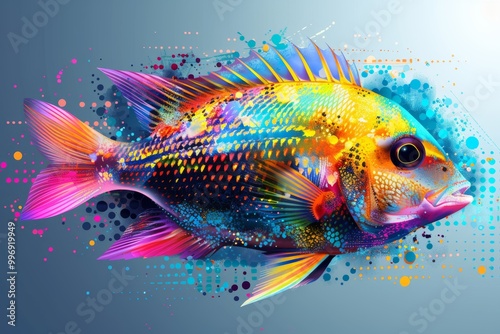 Cubist interpretation of a fish  abstract portrait with geometric shapes and vibrant colors