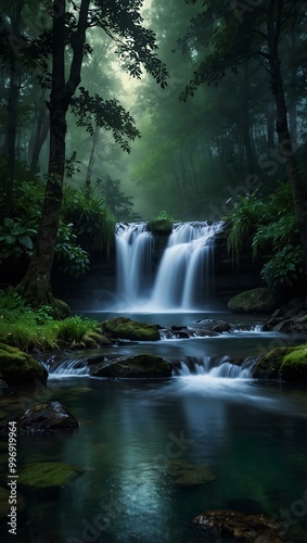Fantasy scene of a magical night with forest waterfalls.