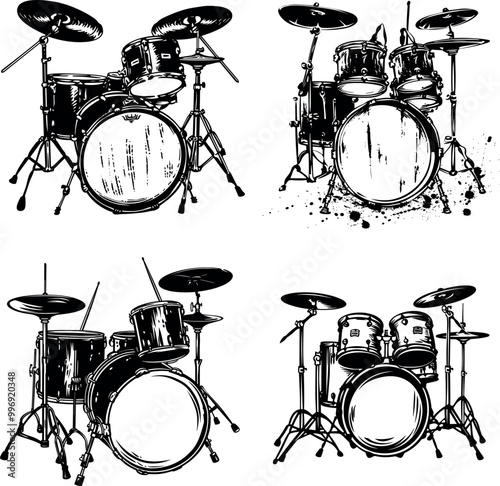 Vector sketch illustration of a drum musical instrument design for band players. Linear vector illustration of a drum set on a white background, used in web design and printing.