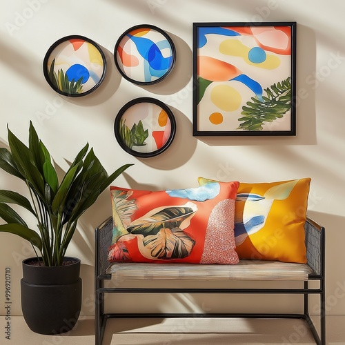 Urban Chic Gallery Wall Mockup with Circular Frames, Metal Chair, and Vibrant Decor Elements photo