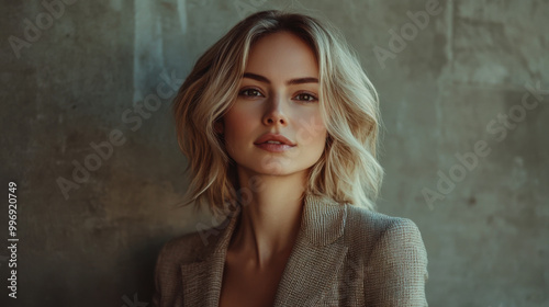 A woman with wavy blonde hair poses confidently against a textured wall in soft natural lighting, showcasing a stylish blazer