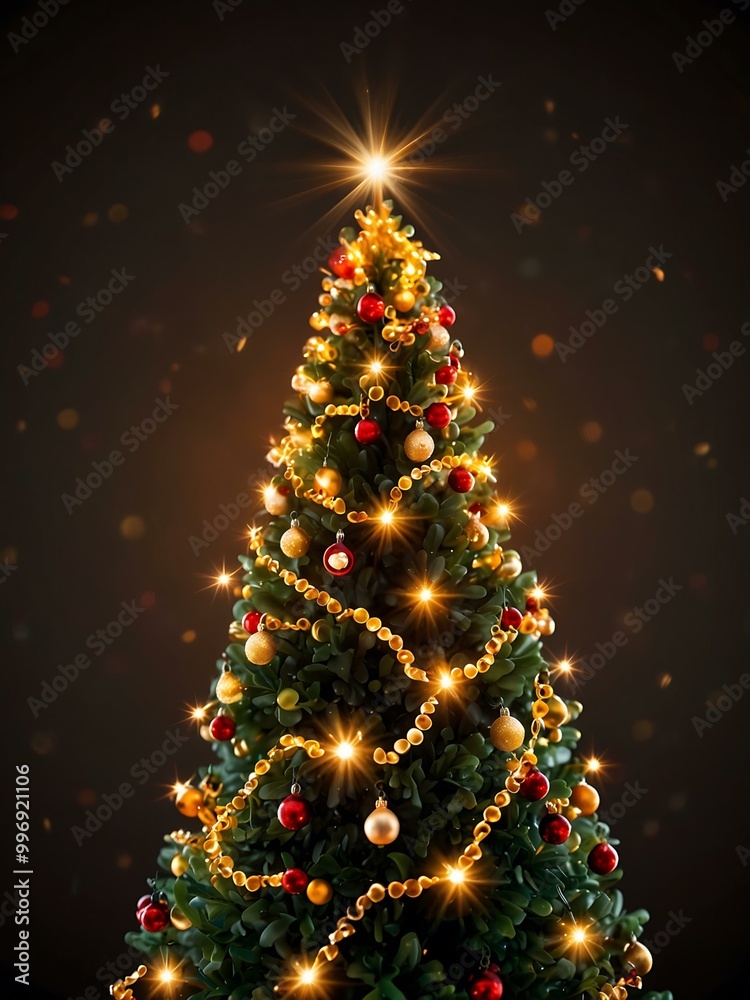 Fiery Christmas tree viewed from below with glowing bokeh lights. Fiery Christmas tree viewed from below with glowing bokeh lights.
