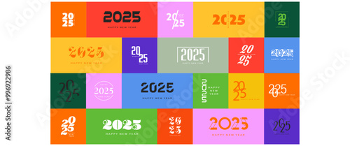 Big set of 2025 new year logo text design. 2025 logo concept for calendar, poster, flyer, banner. Modern design for calendar, invitations, greeting cards. Set of new year logo text design.