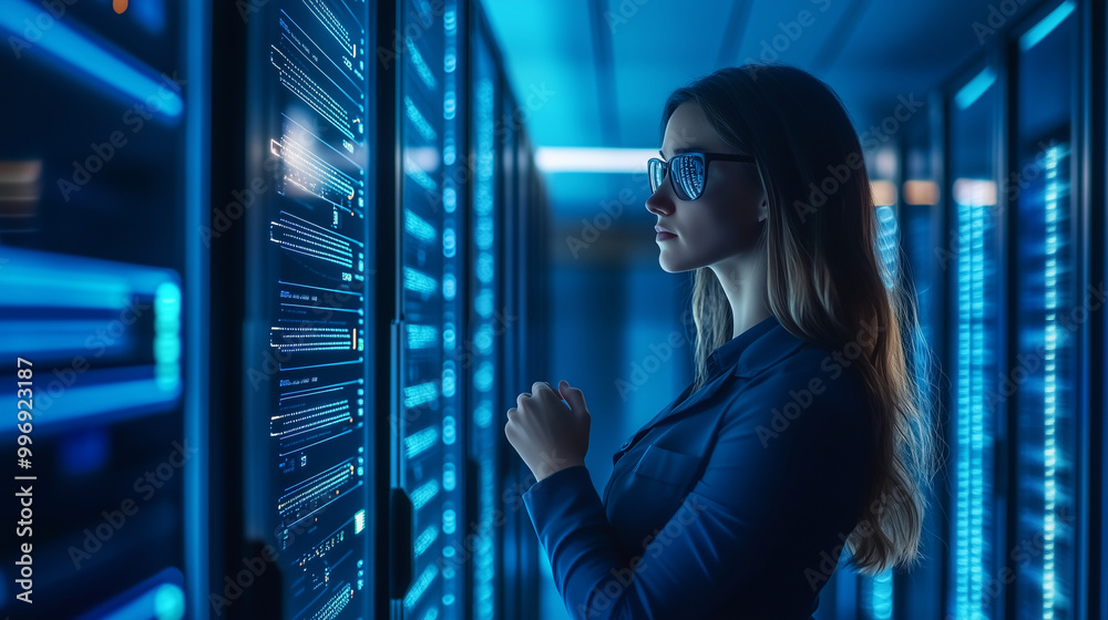 A female cybersecurity analyst in a sleek, blue-lit data center, deeply engaged in monitoring AI threats. Surrounded by advanced technology, she utilizes her skills to protect agai A female cybersecurity analyst in a sleek, blue-lit data center, deeply engaged in monitoring AI threats. Surrounded by advanced technology, she utilizes her skills to protect agai