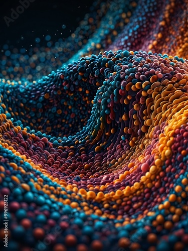 Flowing wave of dots forming a 3D curved pattern.