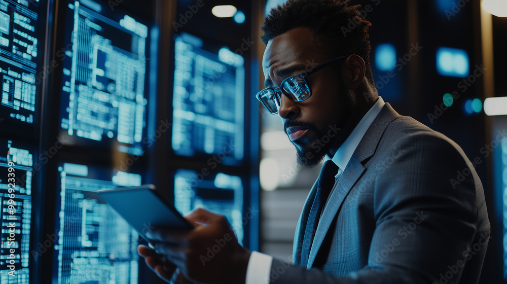 In a modern server room, a Black male cybersecurity expert reviews security protocols on a tablet while monitoring data flows on multiple screens. His expression reflects determina In a modern server room, a Black male cybersecurity expert reviews security protocols on a tablet while monitoring data flows on multiple screens. His expression reflects determina