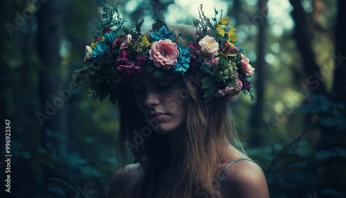 Mulher com uma coroa de flores em uma floresta encantada photo