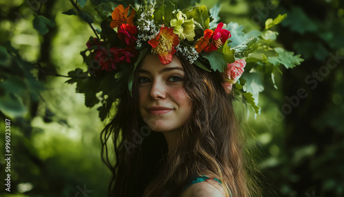 Mulher com uma coroa de flores em uma floresta encantada photo