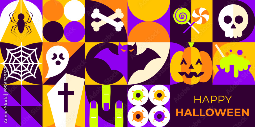 Fototapeta premium Geometrical Happy Halloween Banner. Vector Illustration of Flat Style. Trick or Treat. Scary Party Concept.