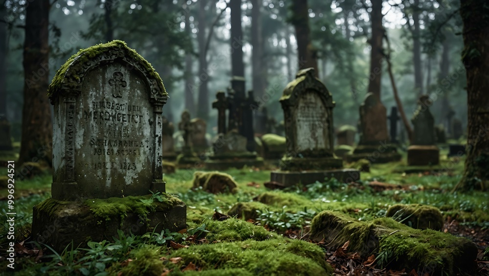 Forgotten cemetery with ancient, moss-covered gravestones. Forgotten cemetery with ancient, moss-covered gravestones.