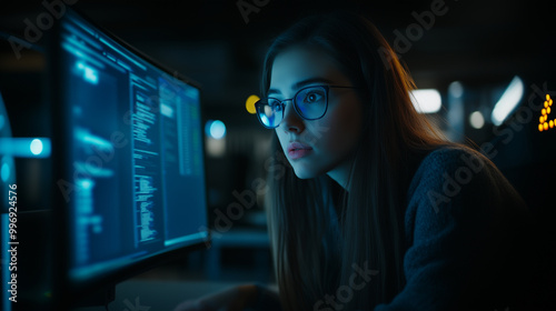 In a high-tech, low-light environment, a female IT specialist reviews AI cybersecurity threats on her computer. The glow of the screens reflects her concentrated expression, highli