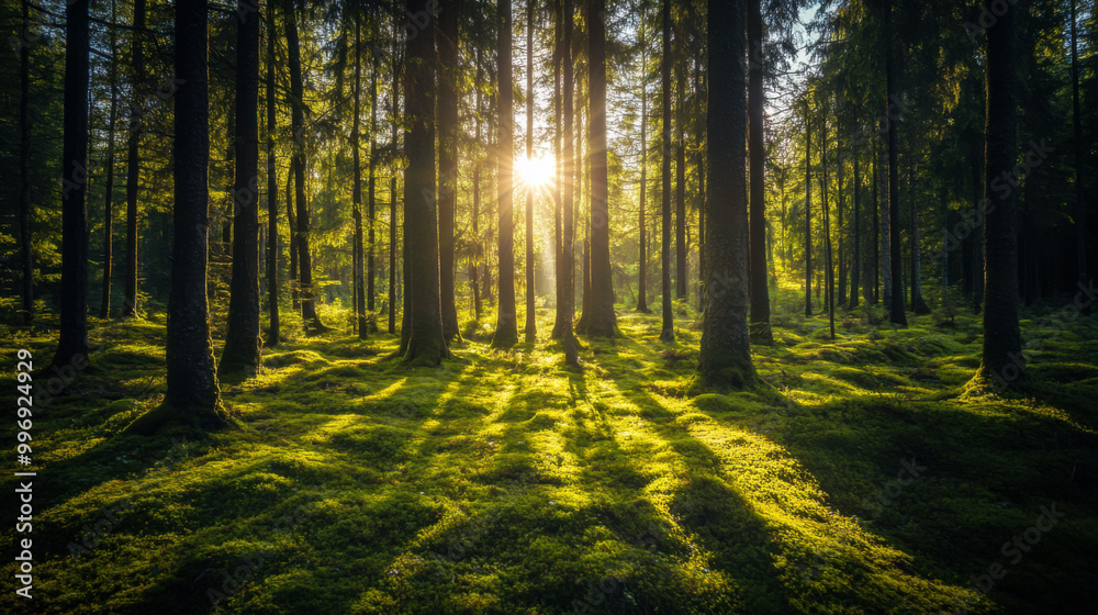 Obraz premium Sunlight filtering through tall trees over a mossy forest floor at dawn inspires a peaceful outdoor atmosphere