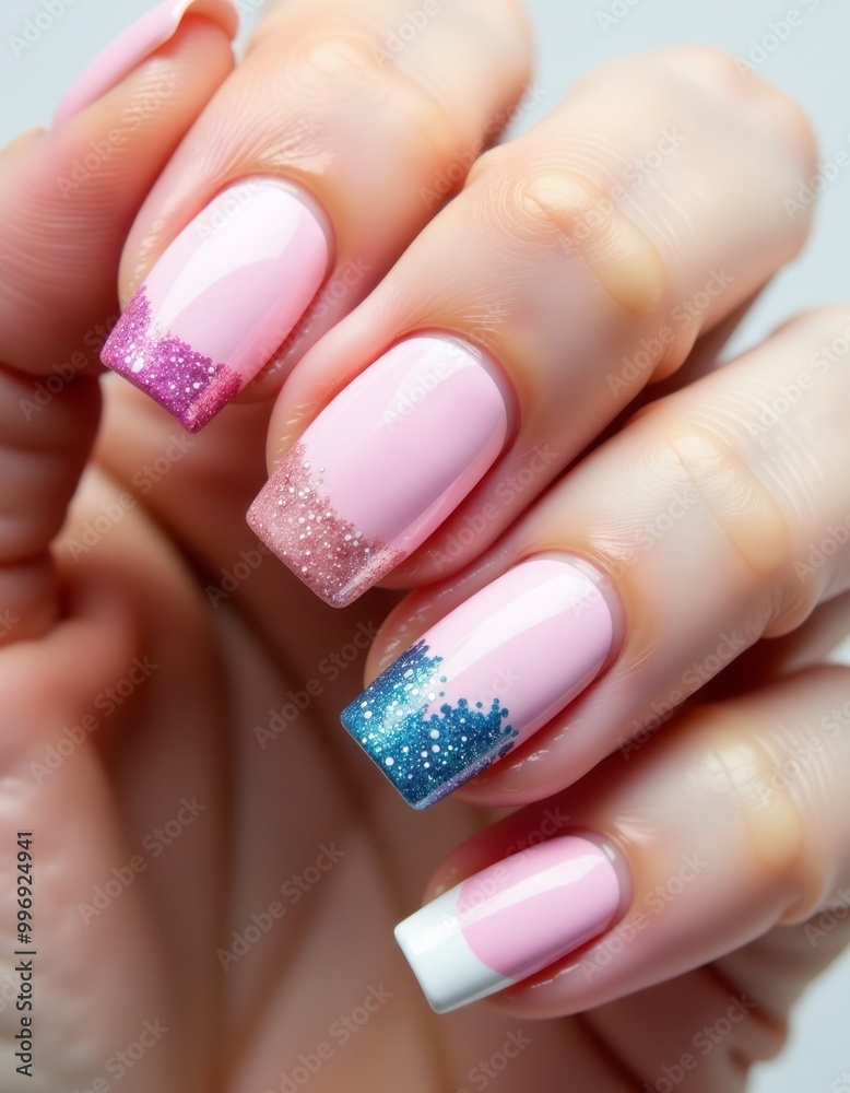 Long light manicure with jewelry on a woman's hand nail art Long light manicure with jewelry on a woman's hand nail art