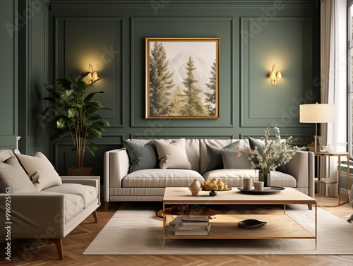 Living room interior in modern and classic styles with wooden panneling. Neutral and forest green colors interior with wooden wall panels. Quiet luxury style. 