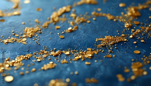 Luxurious abstract close-up of textured blue surface adorned with shimmering gold flakes and beads