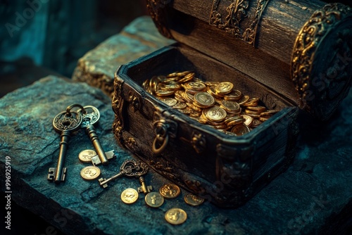 Ancient treasure chest filled with gold coins and vintage keys. Mystical and alluring style. Perfect for adventure themed art or designs. Generative AI.