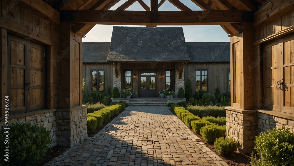 Front entrance of a luxury farm-style house in the countryside. Front entrance of a luxury farm-style house in the countryside.