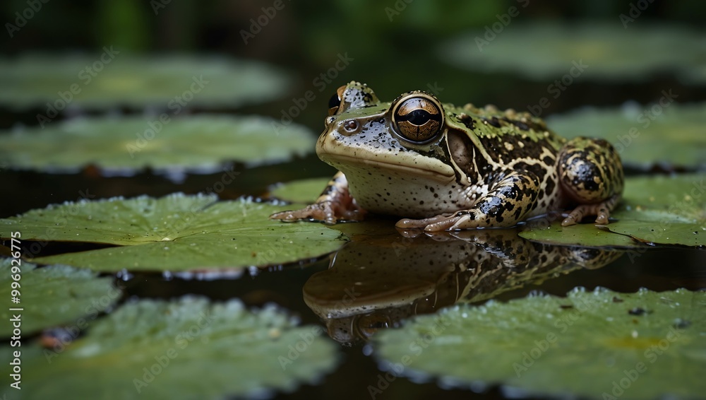 Frog on a lily pad in a rainforest pond. Frog on a lily pad in a rainforest pond.