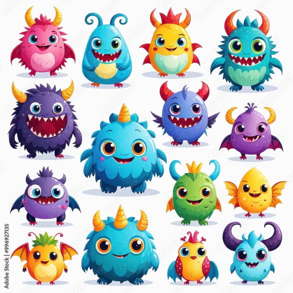 A colorful collection of cute, cartoon-style monsters with various features and expressions. A colorful collection of cute, cartoon-style monsters with various features and expressions.