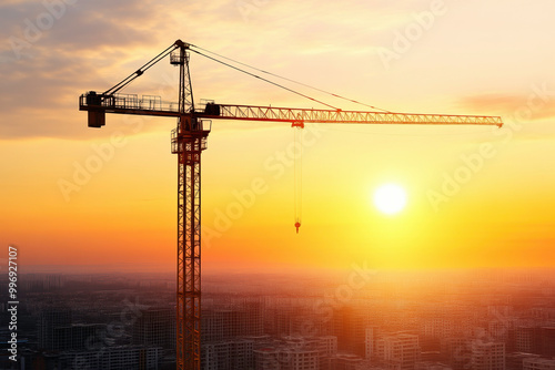 A group of tower cranes are silhouetted against a beautiful sunset