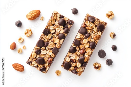 Isolated on a white background, a healthy, high-nutrition protein snack bar is made from almonds, nuts, and other ingredients.