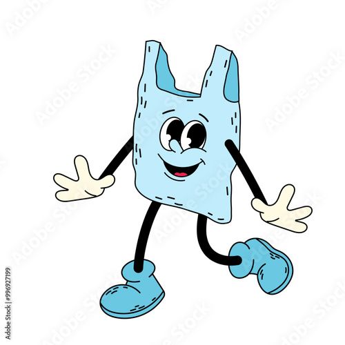 Groovy character of a plastic bag. No plastic. Environmentally harmful material. Trash. Cartoon character on white background.