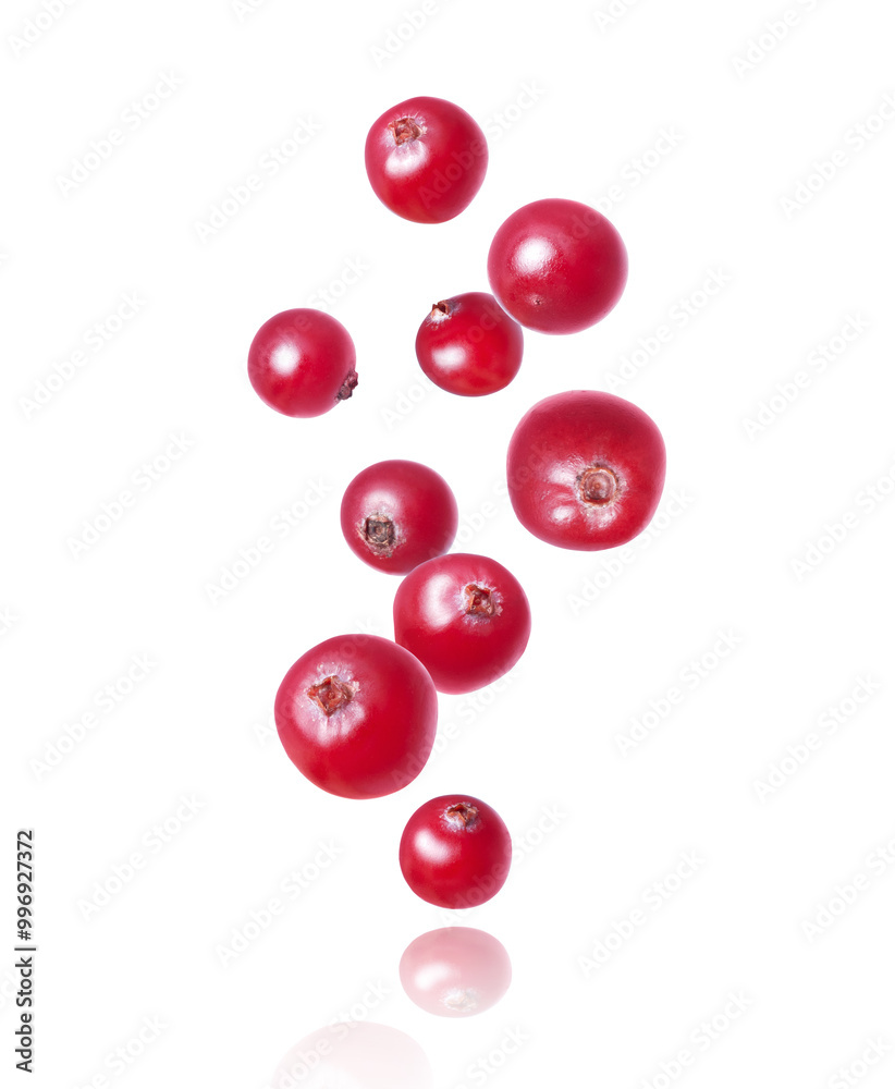 Ripe juicy cranberries close up in the air close-up on a white background Ripe juicy cranberries close up in the air close-up on a white background