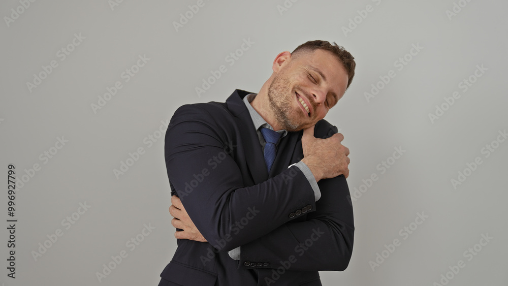 Handsome man hugging himself with a content smile in a suit against a white background Handsome man hugging himself with a content smile in a suit against a white background