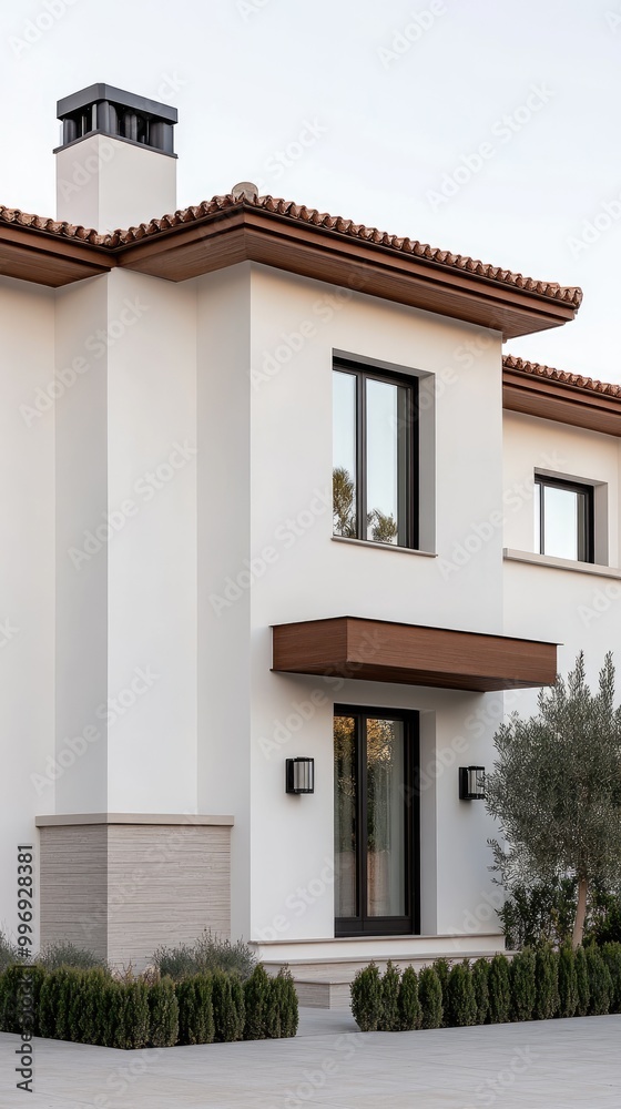 A freshly installed black downspout is prominently featured at the corner of a roof covered with dark tiles, set against a bright blue sky backdrop A freshly installed black downspout is prominently featured at the corner of a roof covered with dark tiles, set against a bright blue sky backdrop