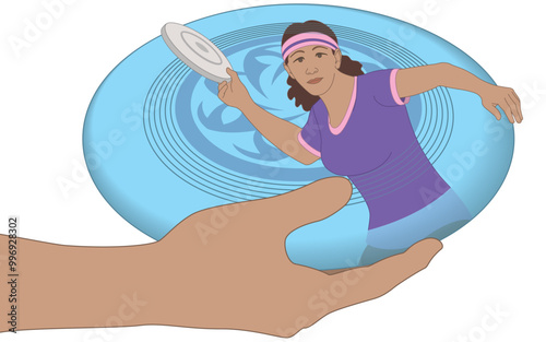 ultimate frisbee, concept close-up of player's hand holding disk plus female player ready to throw disc isolated on a background