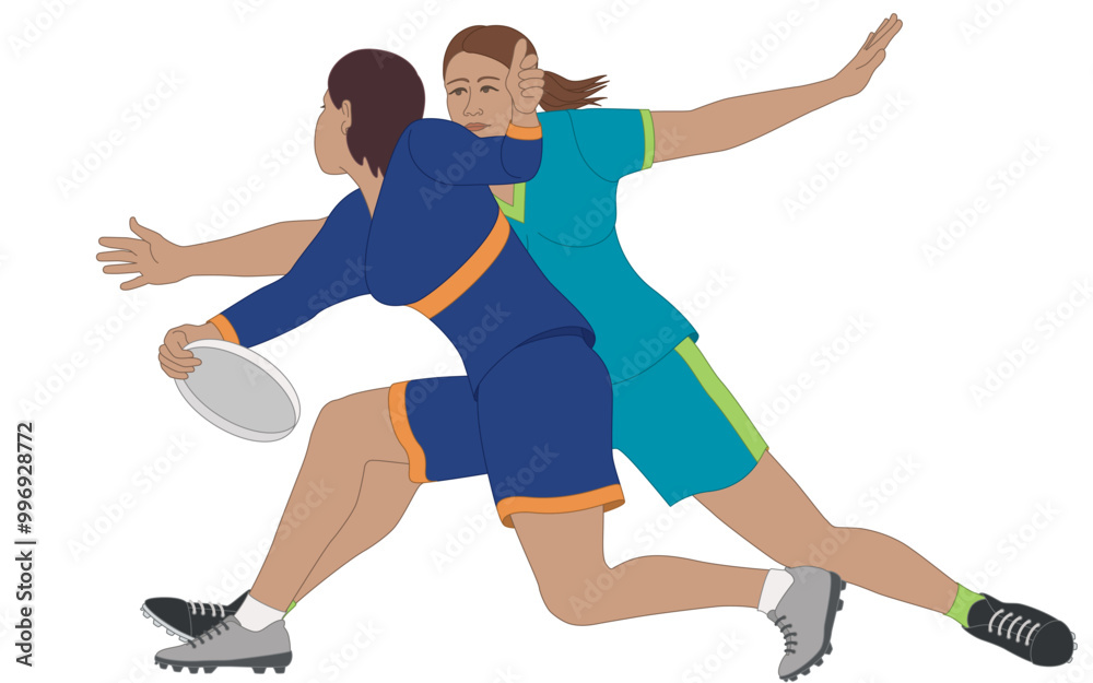 Fototapeta premium ultimate frisbee, female player intercepting opposing team player from throwing disk isolated on a white background