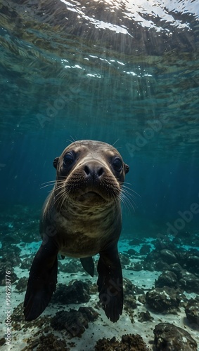 Galapagos fur seal swimming towards the camera in underwater scenery. photo