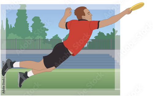 ultimate frisbee, male player catching disk in mid-air with outdoor playing area in the background