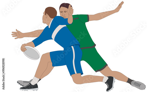 ultimate frisbee, male player intercepting opposing team player from throwing disk isolated on a white background