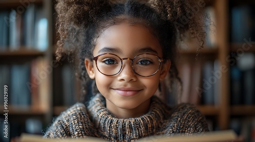 Happy young disabled mixed race school student in wheelchair reading a library book. African american child with disability learning. Inclusive & diverse education